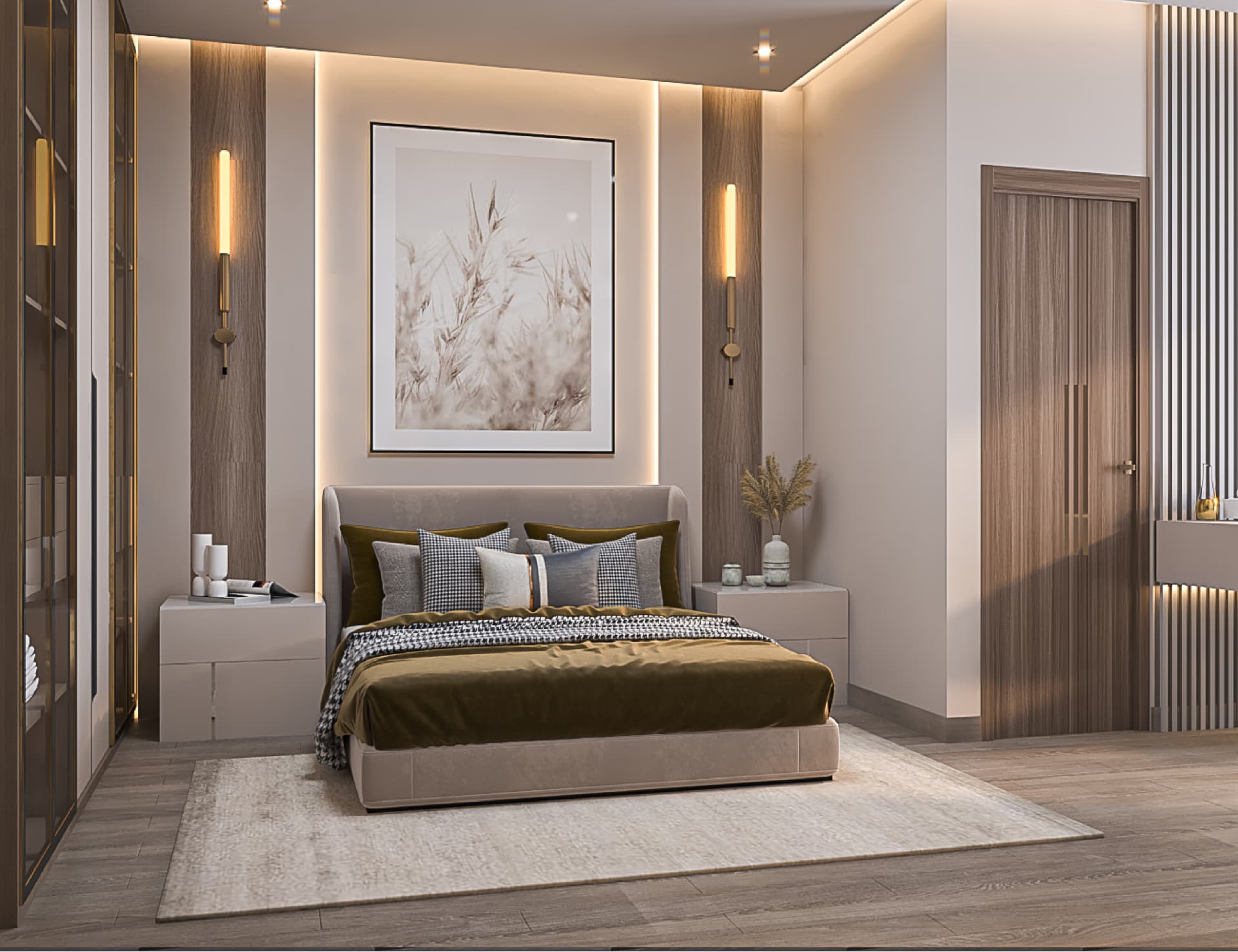Lake View Residence Apartment bedroom with upholstered bed, timber door, and vertical wall detailing