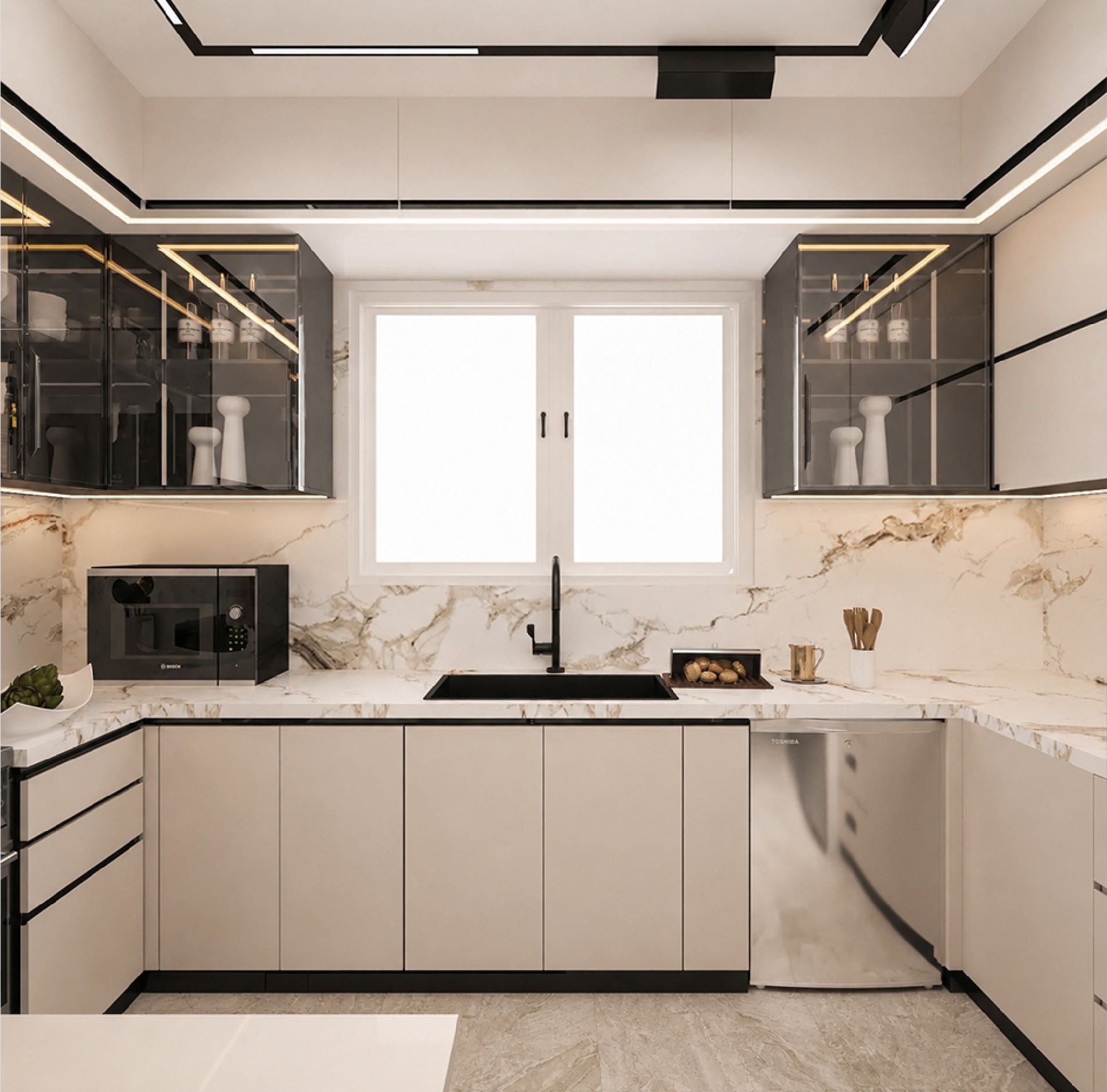 Villa R033 kitchen with pale cabinetry, dark trim, and illuminated display cupboards