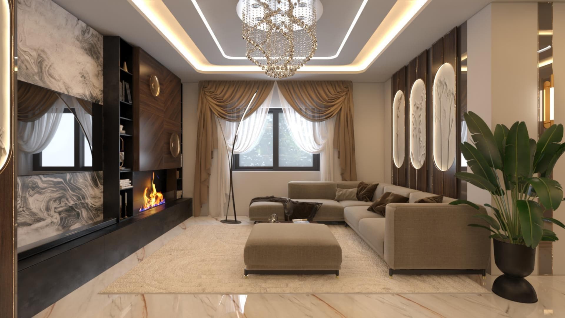 Lake View Residence Apartment living room with marble feature wall, fireplace, and crystal chandelier