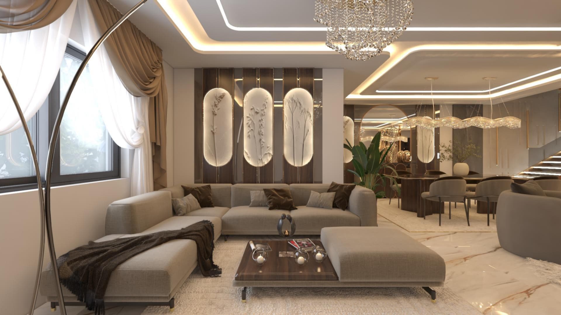 Lake View Residence Apartment living area with connected dining space and integrated ceiling lighting
