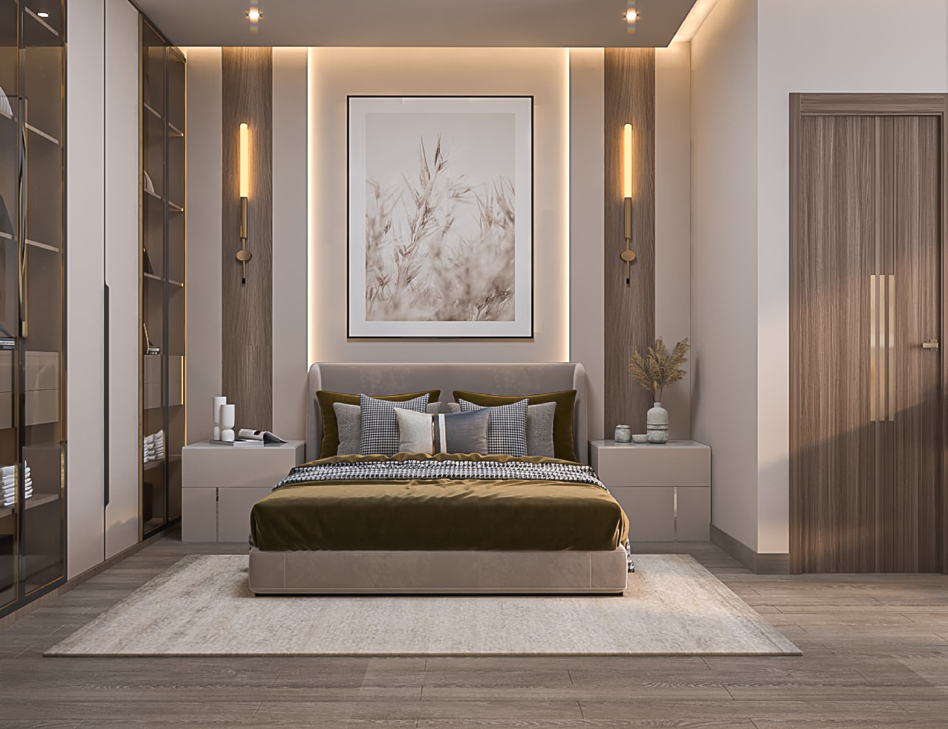 Lake View Residence Apartment bedroom with timber wall panels and integrated lighting