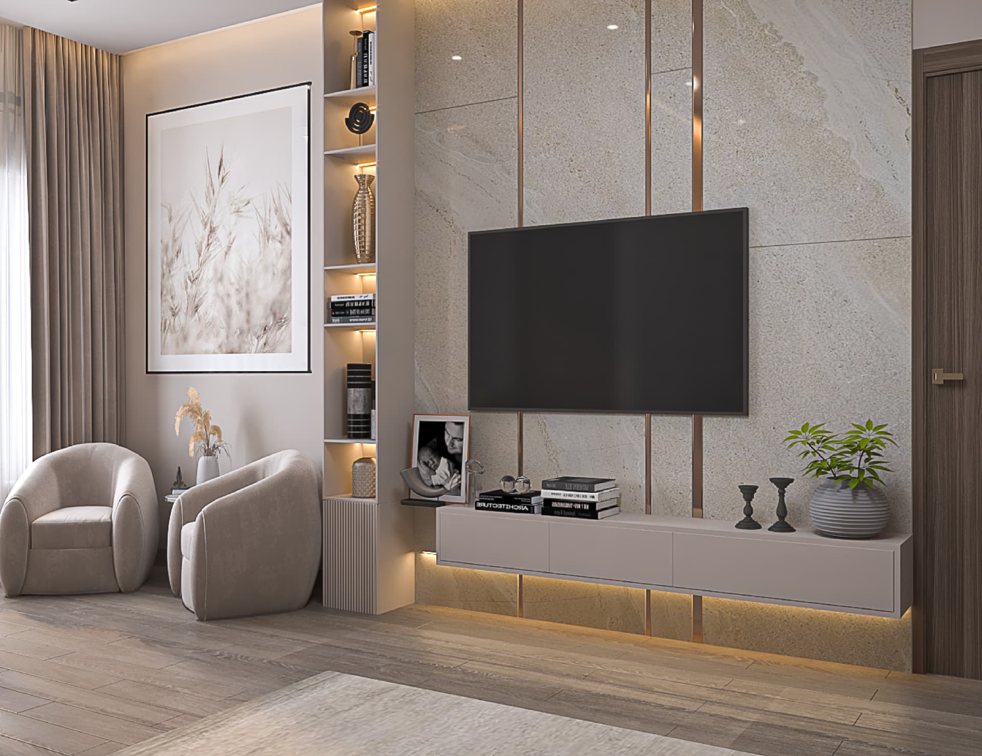 Lake View Residence Apartment bedroom media wall with stone panels and illuminated shelving