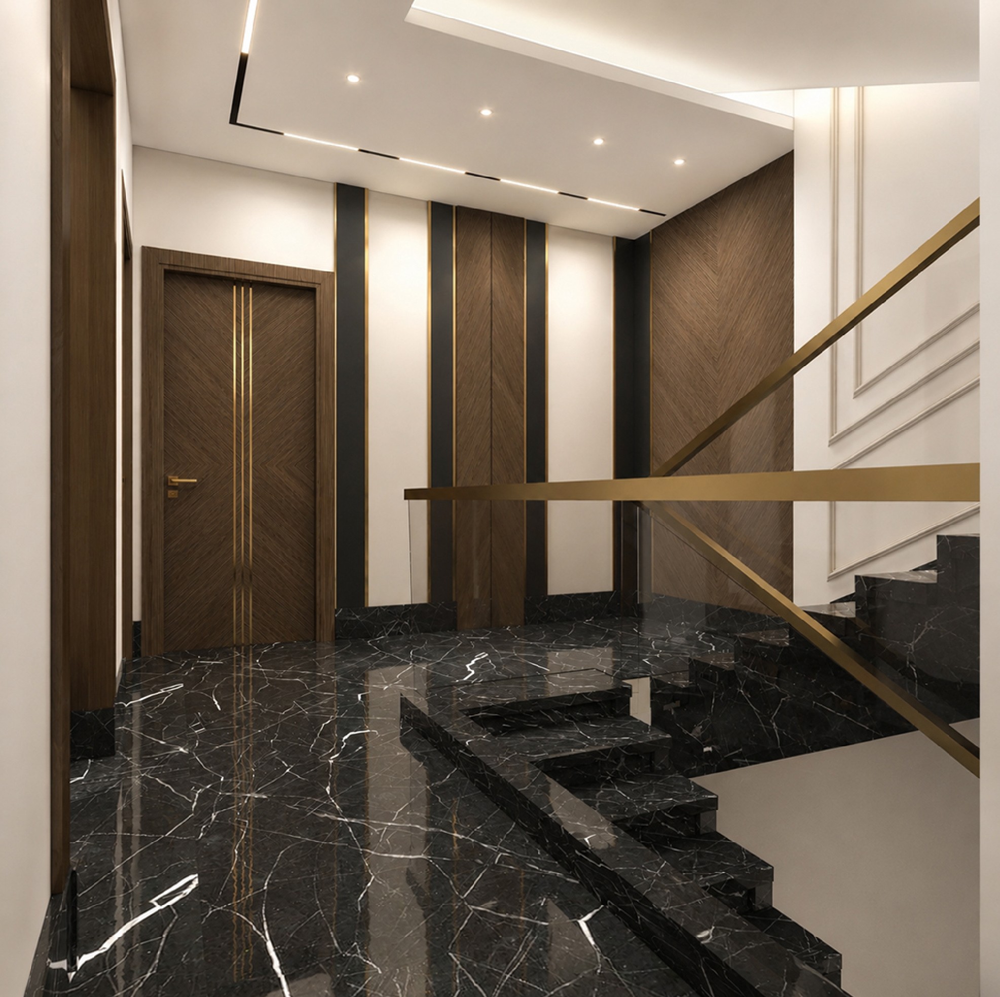 Villa R033 stair landing with dark stone flooring, timber wall panels, and gold-toned railing