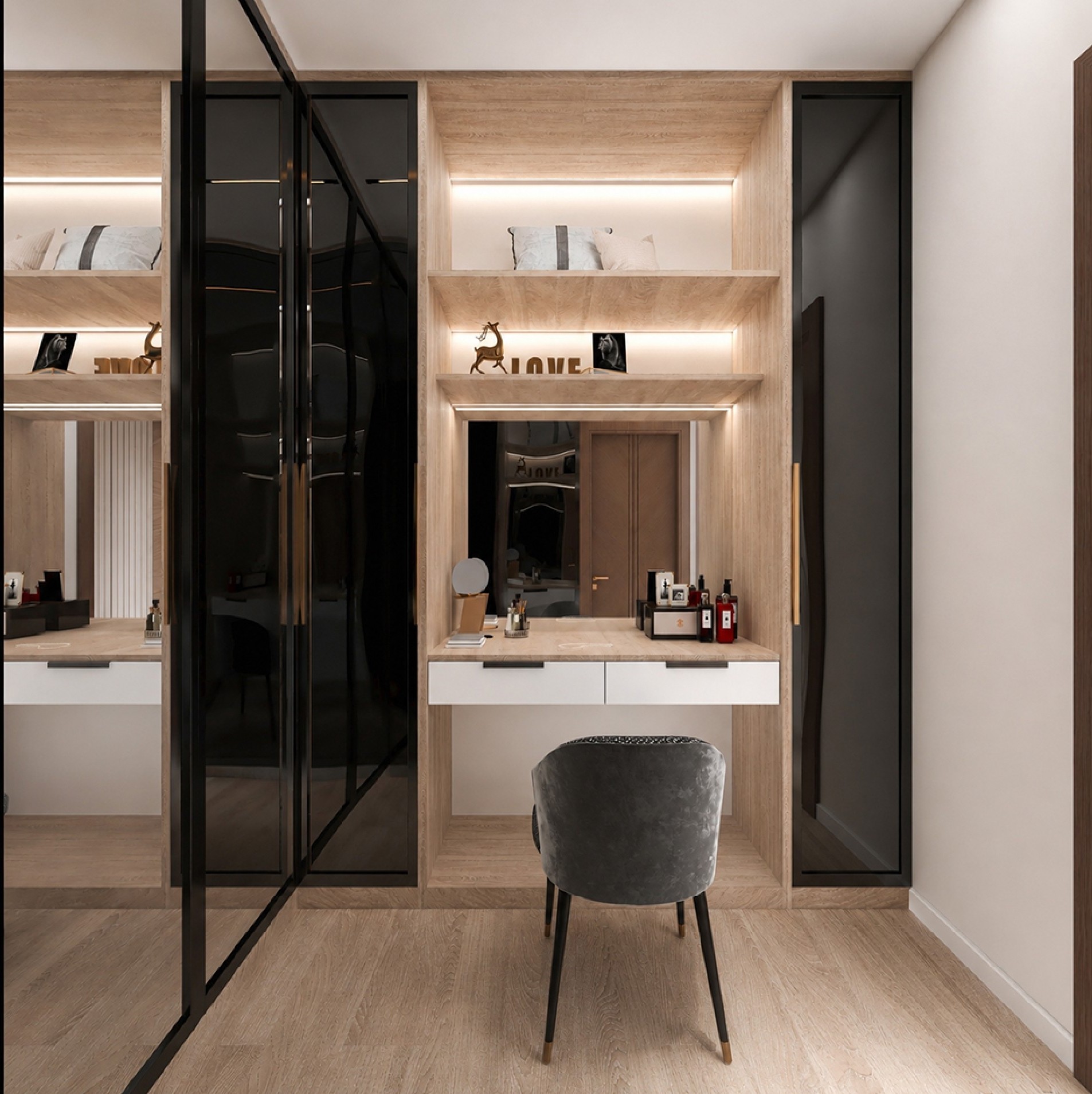 Villa R033 dressing vanity with illuminated timber shelving and dark mirrored cabinetry