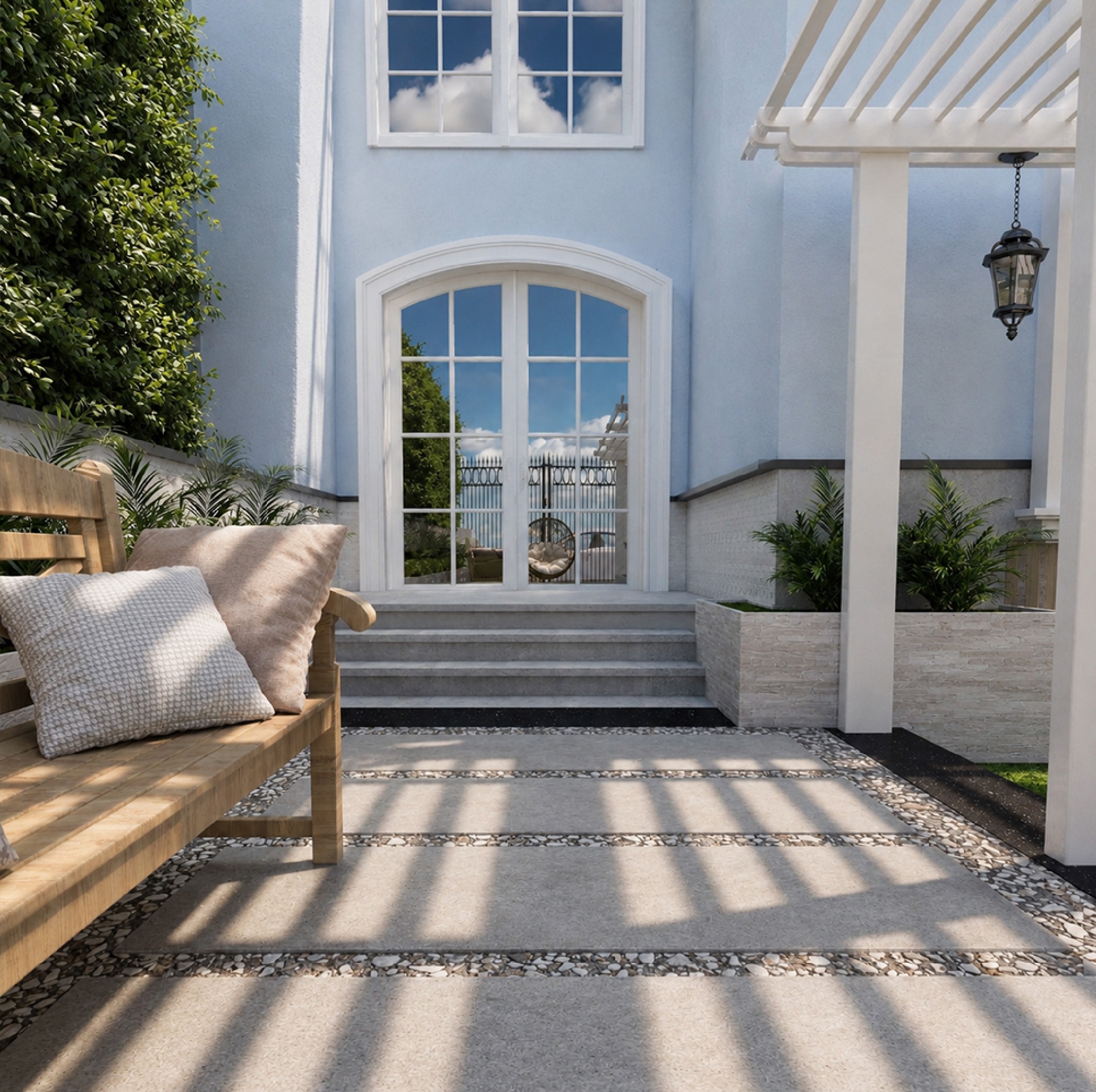 Villa R033 garden terrace with pergola, timber bench, and arched exterior doors