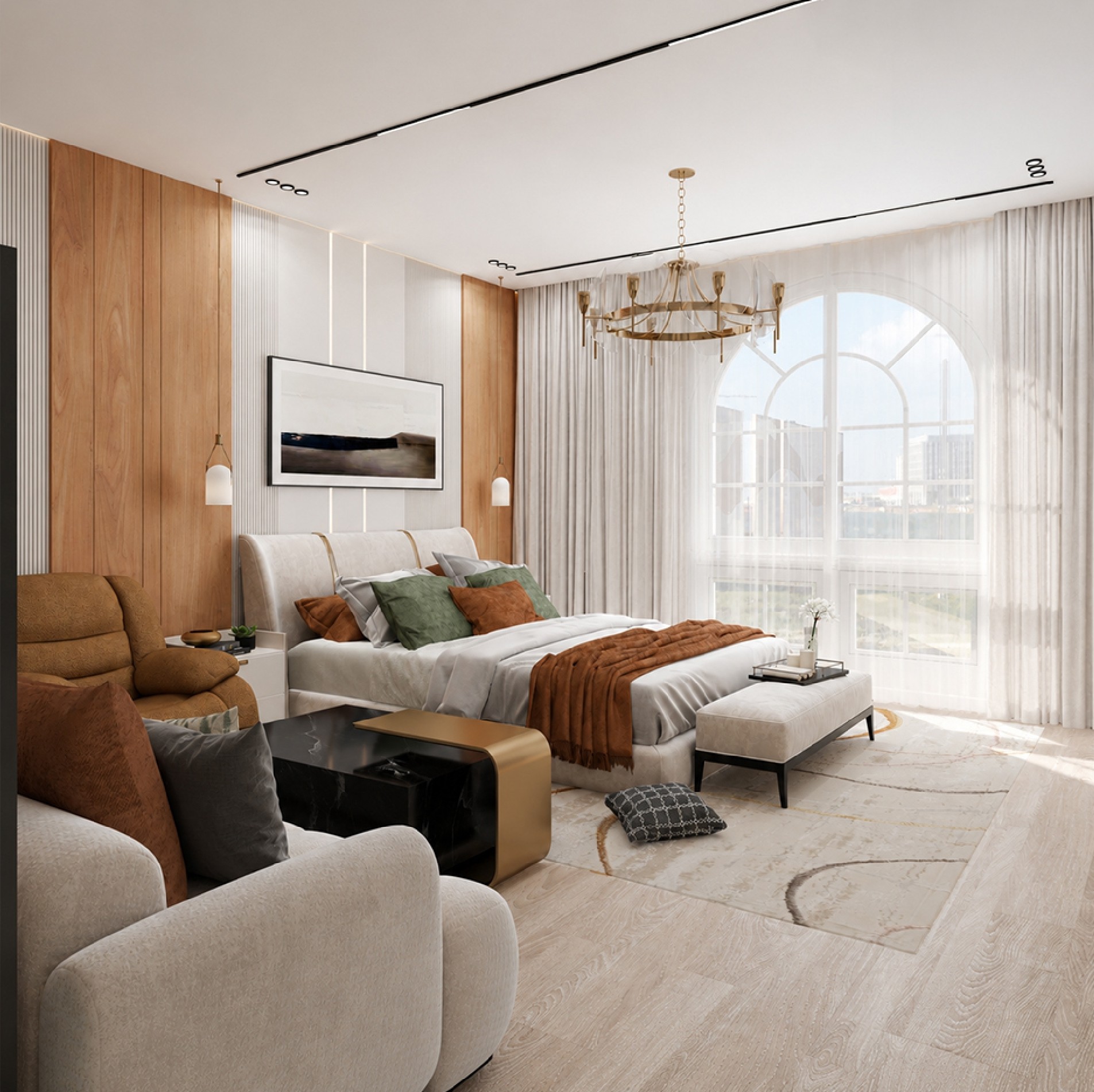 Villa R033 bedroom with timber wall panels, upholstered bed, and arched window