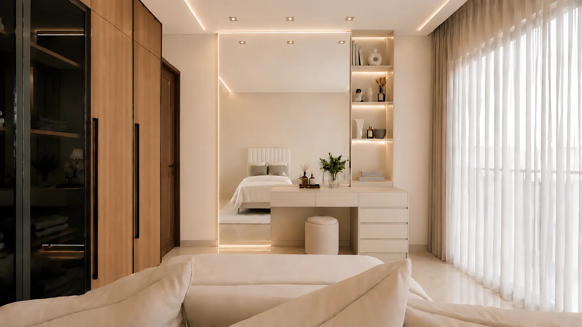 Villa R113 bedroom vanity with illuminated mirror and built-in shelving