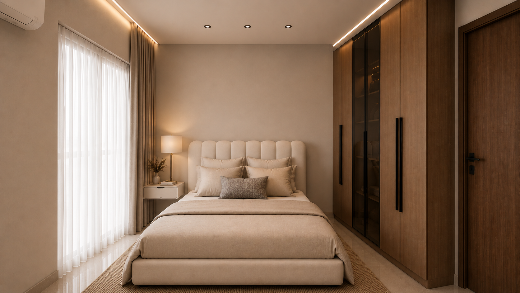 Villa R113 bedroom with an upholstered bed and full-height wardrobes