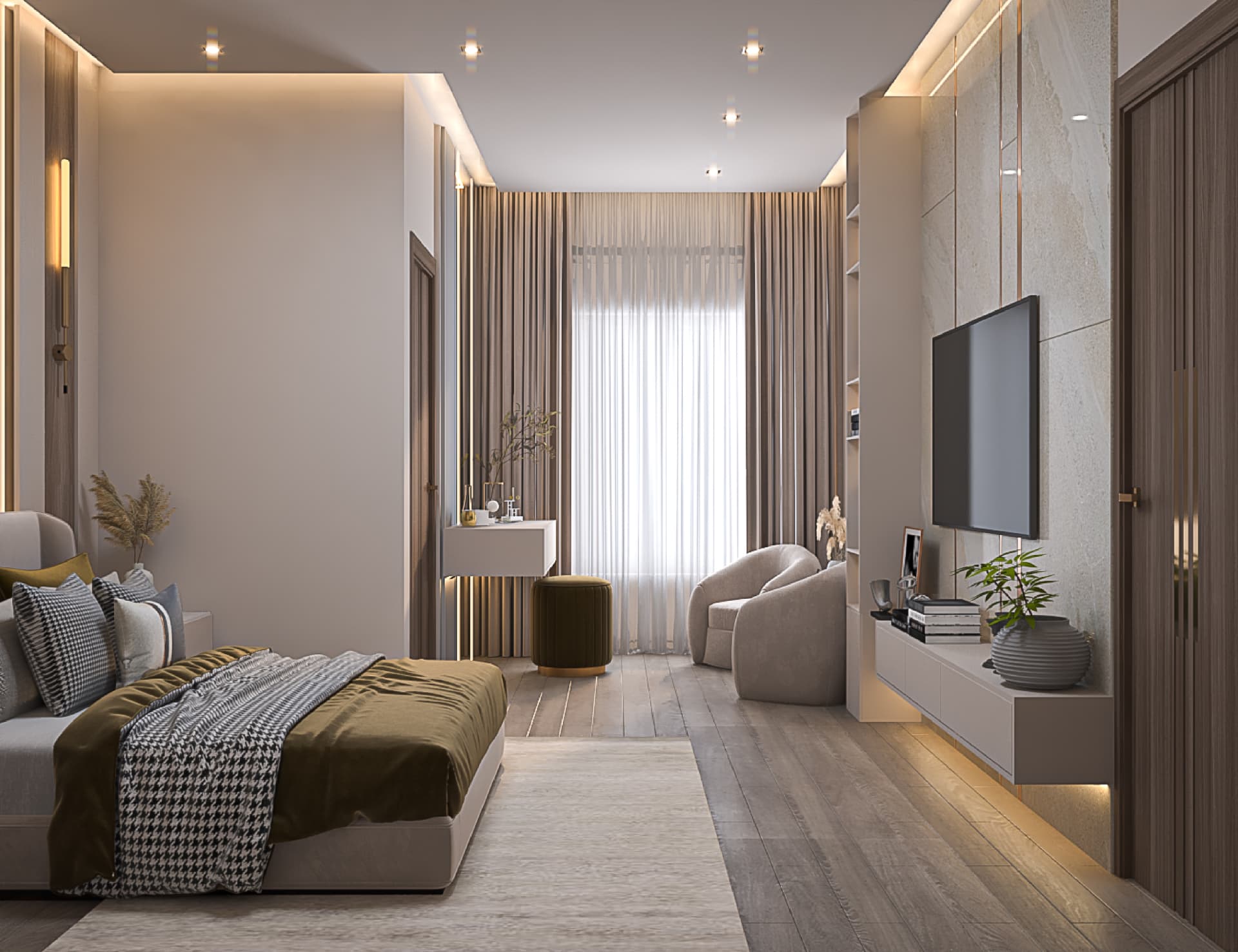 Wide view of the Lake View Residence Apartment bedroom with window seating and media wall