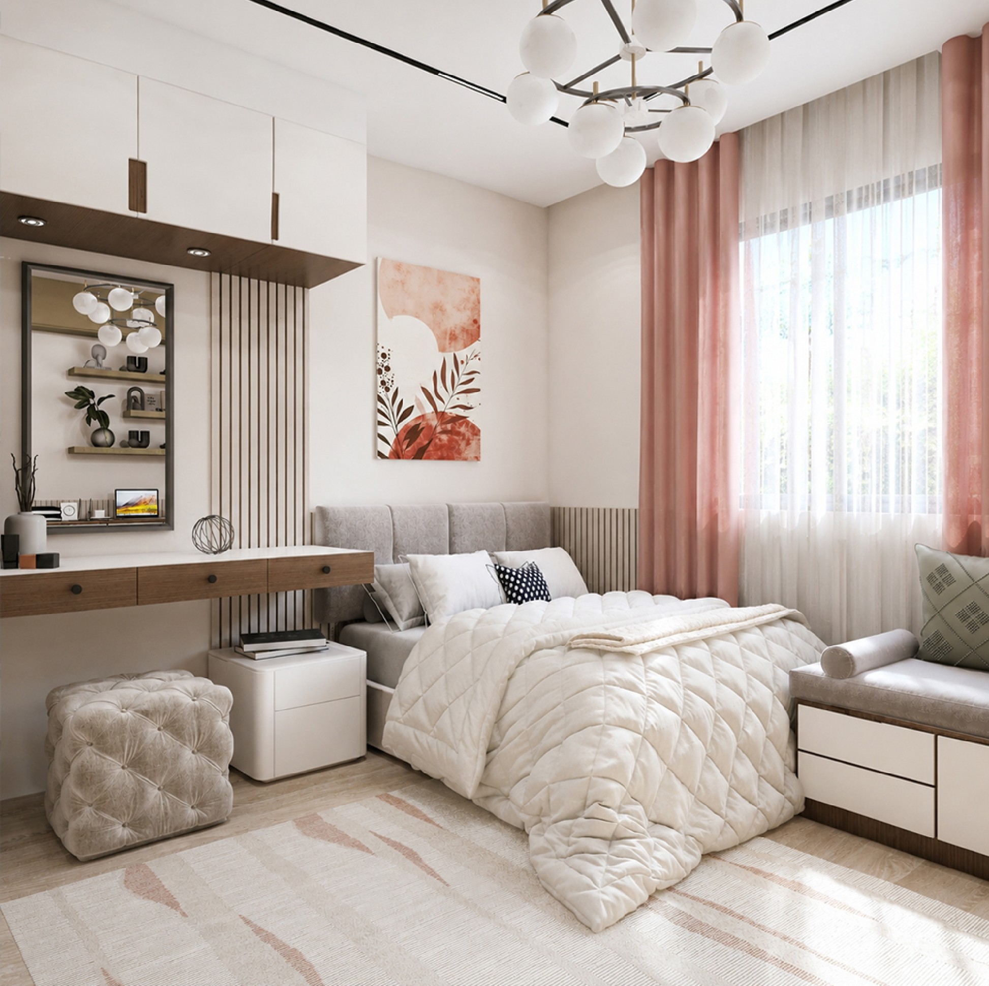 Villa R033 bedroom with integrated desk, window seat, and soft pink curtains