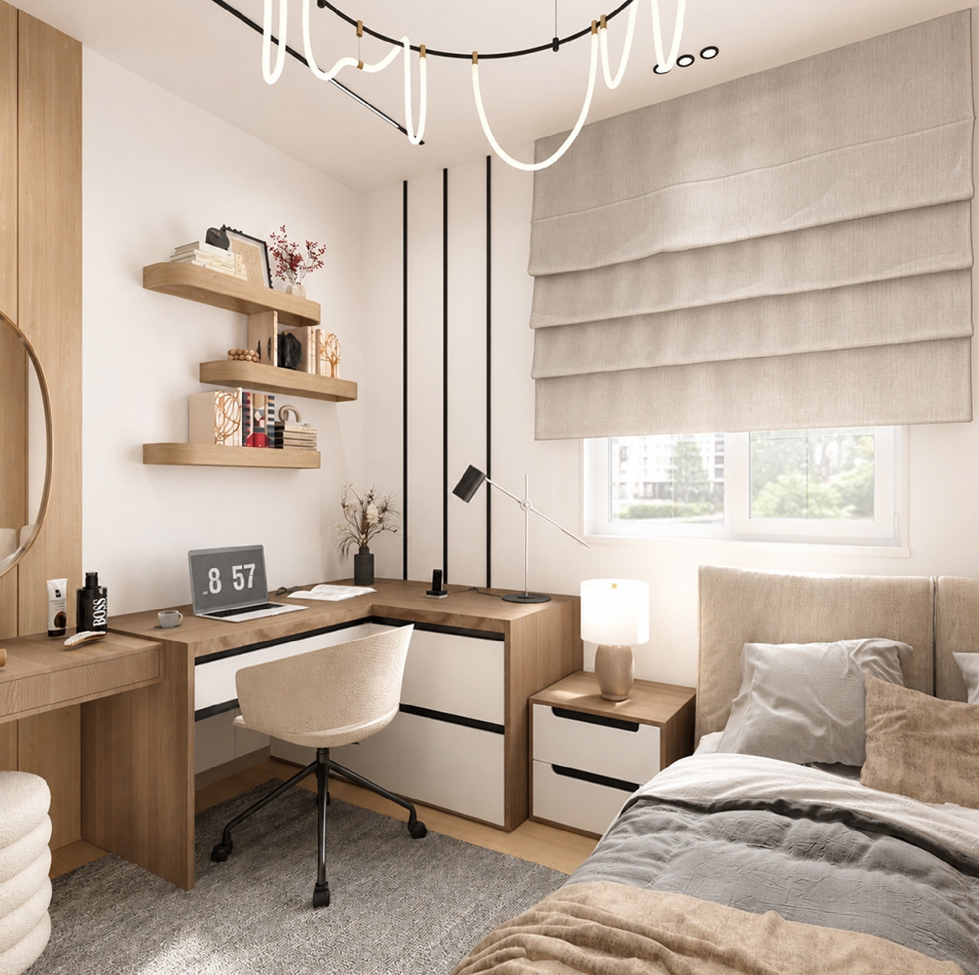 Villa R033 bedroom study area with timber desk, shelving, and neutral furnishings