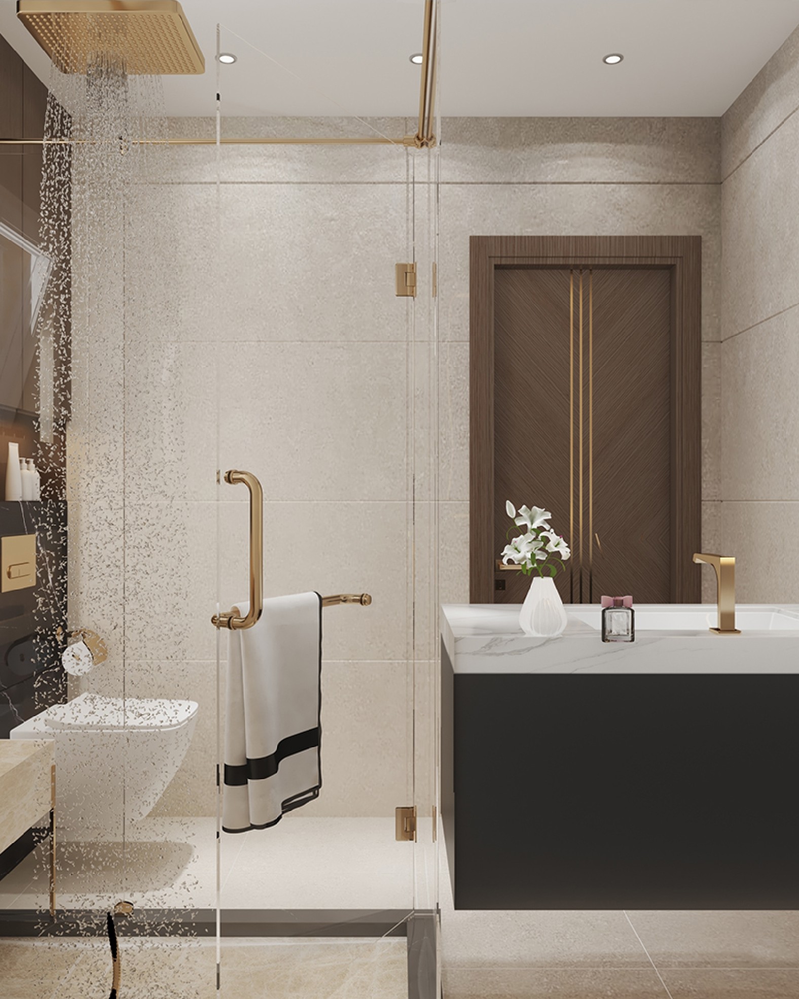 Villa R033 bathroom with glass shower enclosure, dark vanity, and gold-toned fixtures