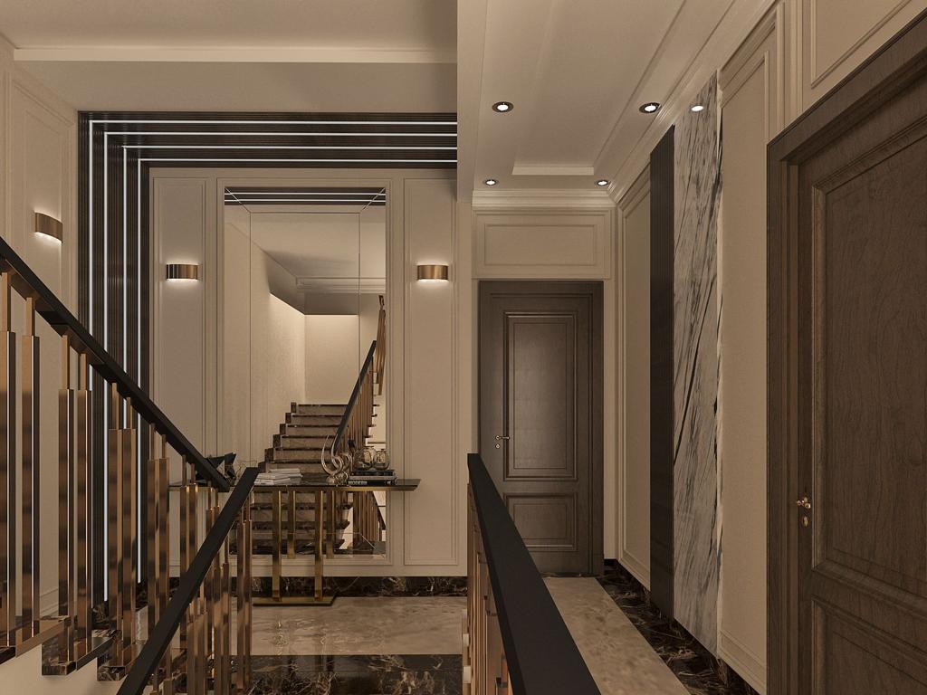 Villa R043 upper landing with mirrored wall panels, dark timber doors, and marble detailing