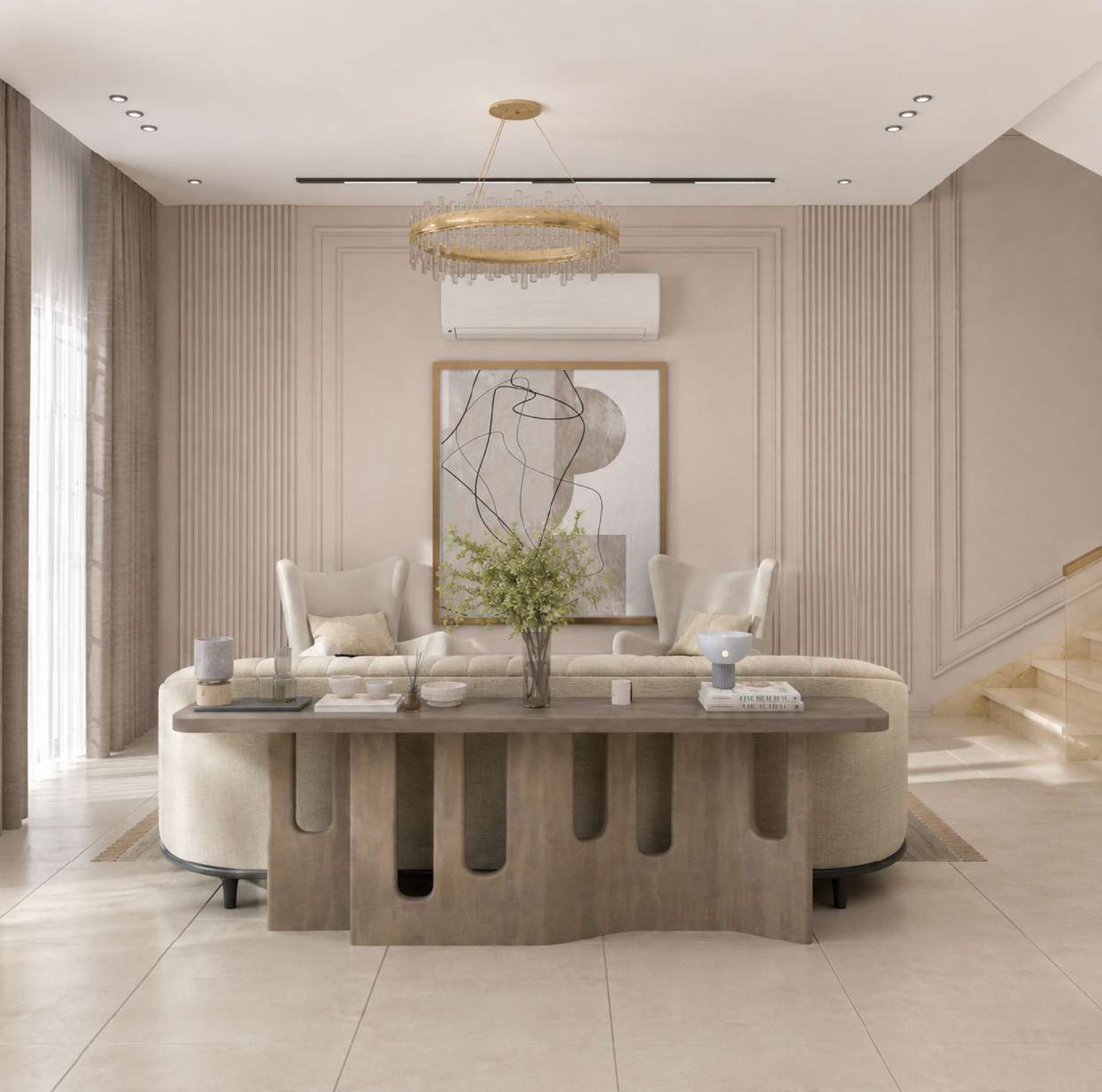 Villa R113 reception seating with a console, chandelier, and adjacent staircase