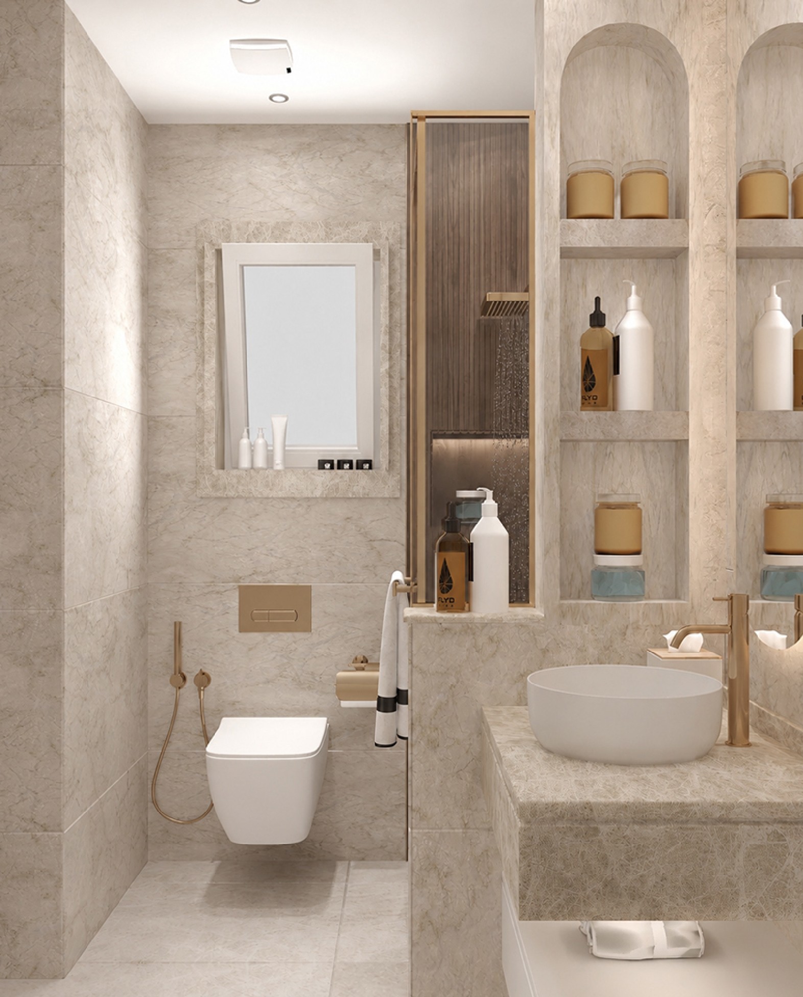 Villa R033 bathroom with stone surfaces, recessed shelving, and wall-mounted fixtures