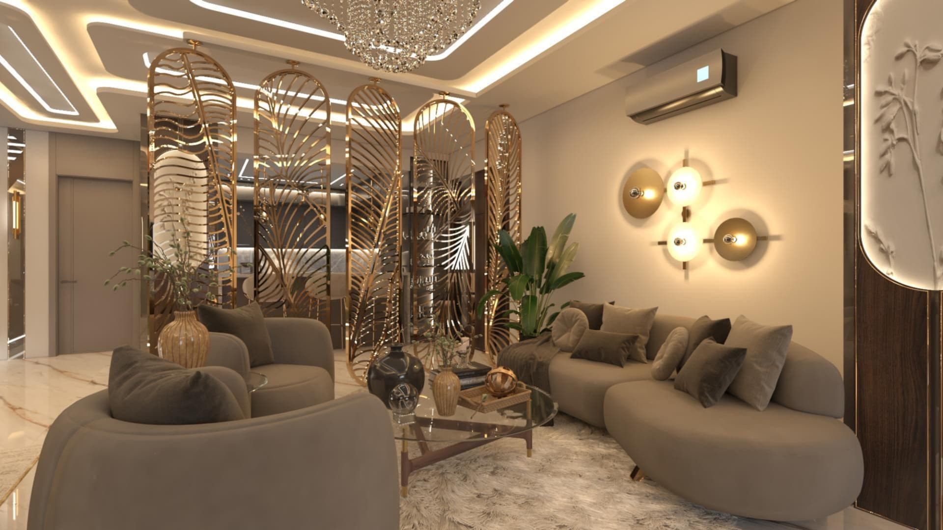 Lake View Residence Apartment reception lounge with curved seating and bronze screens