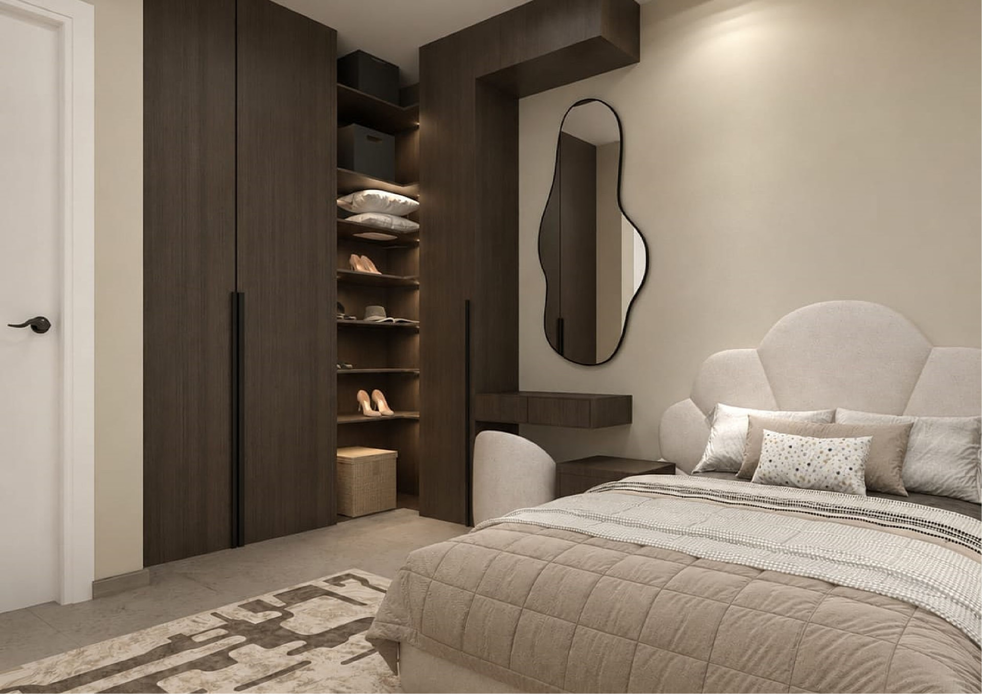 Villa R113 bedroom with built-in dressing storage and an organic-shaped mirror
