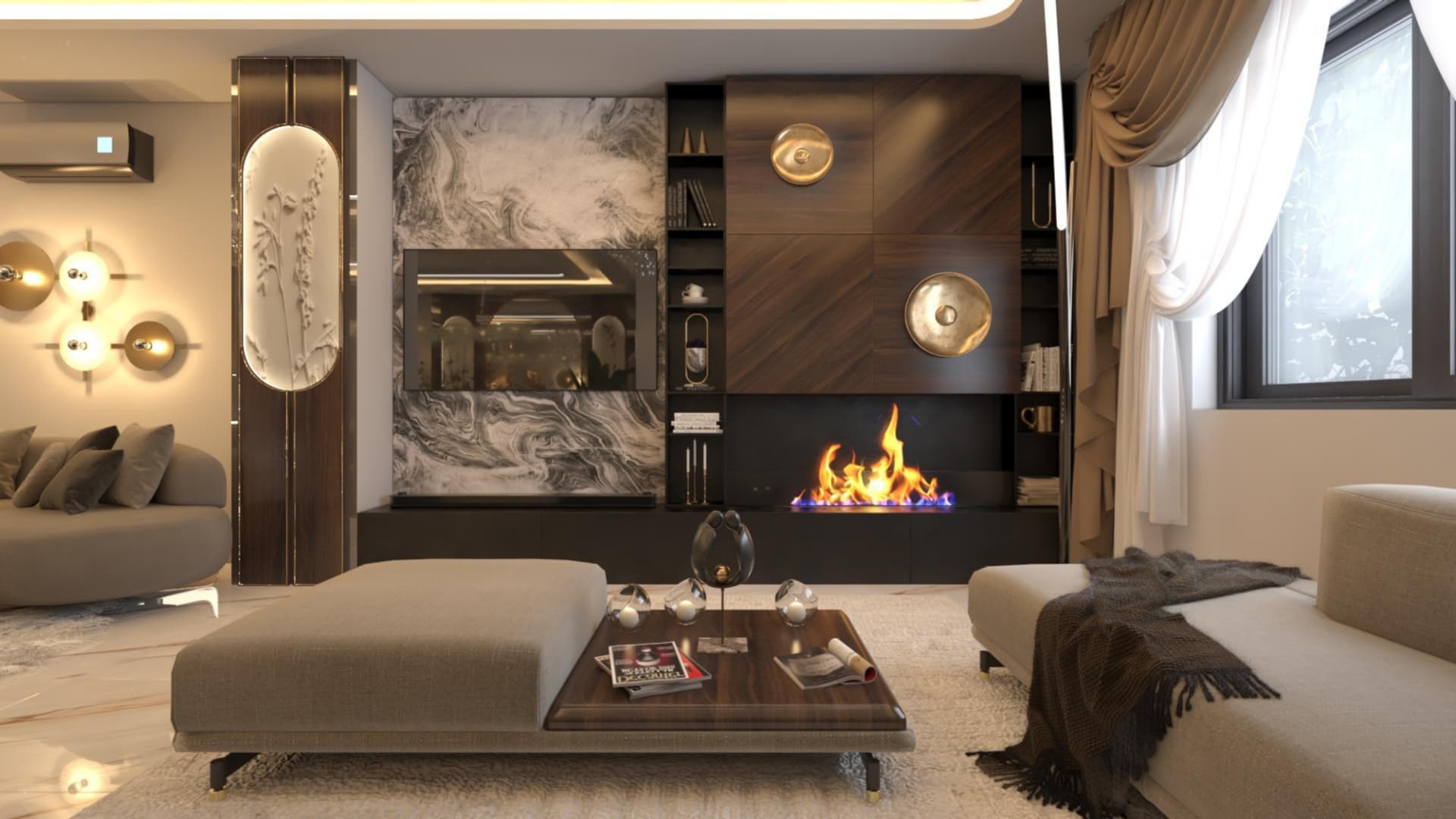 Lake View Residence Apartment fireplace wall with timber cabinetry and marble detailing