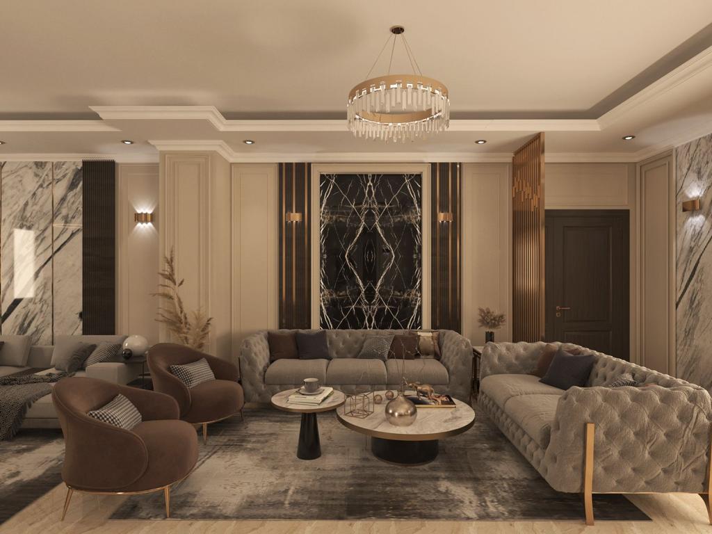 Villa R043 reception with tufted seating, warm neutral finishes, and marble detailing