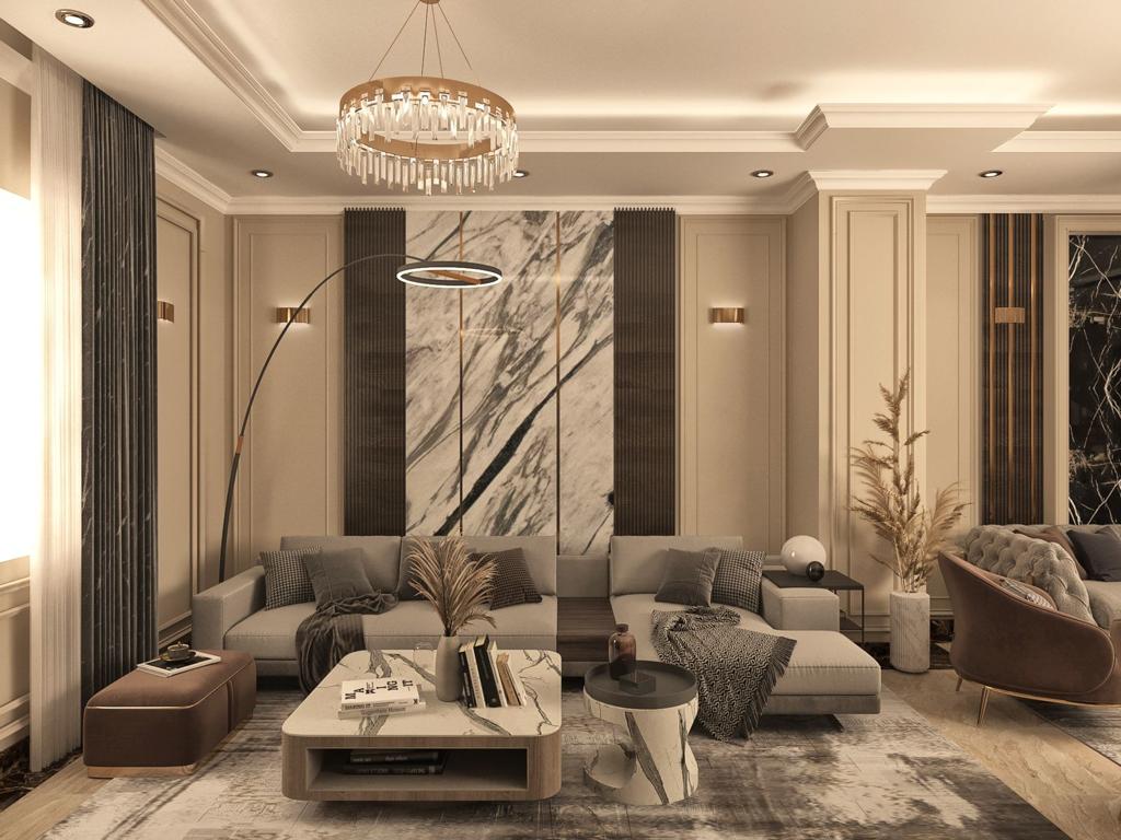 Villa R043 reception seating with marble wall panels and a statement chandelier