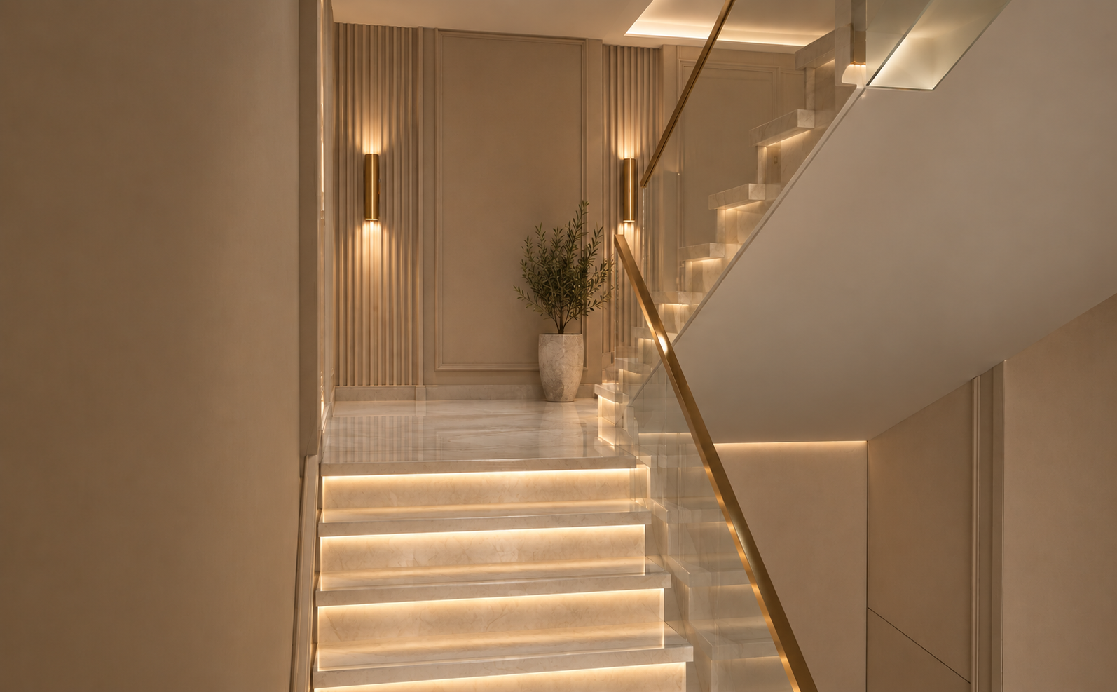Villa R113 staircase and landing with integrated step lighting